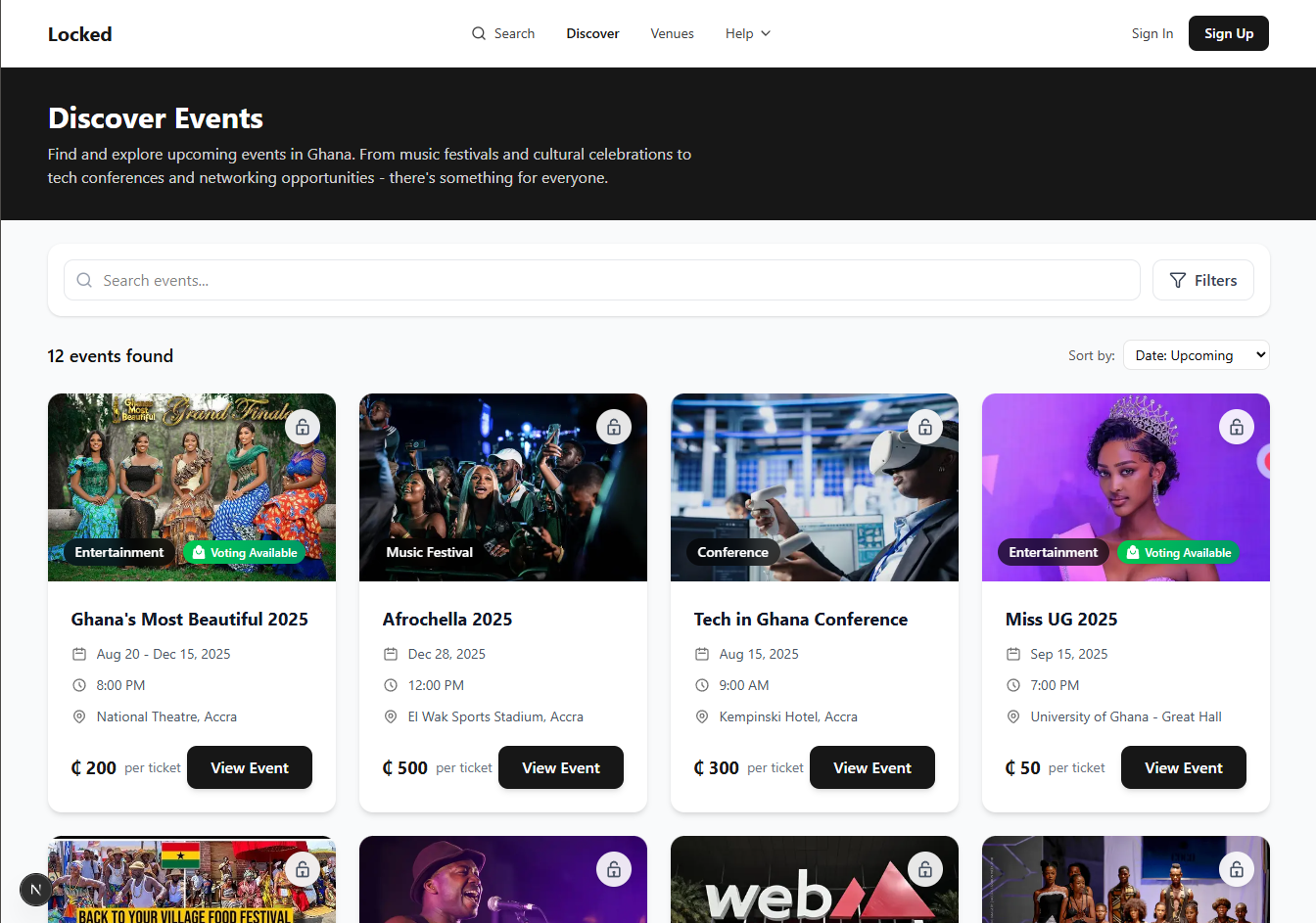 Event discovery page showing various events